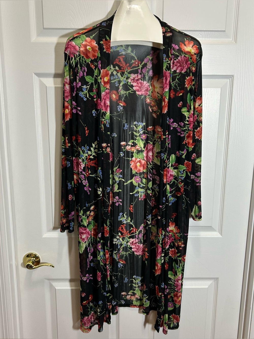 Blush Sheer Black Open Front Kimono with Multicolored Floral Print